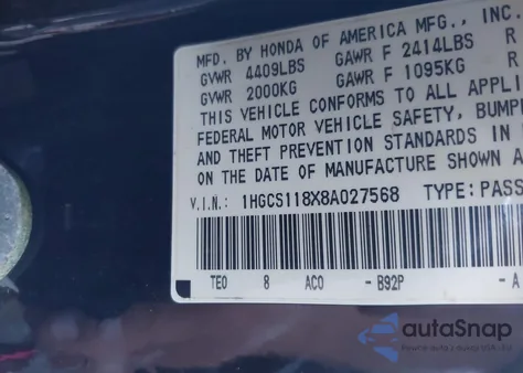 2008 Honda Accord 2.4 Ex-L from USA, damaged, VIN 1HGCS118X8A027568